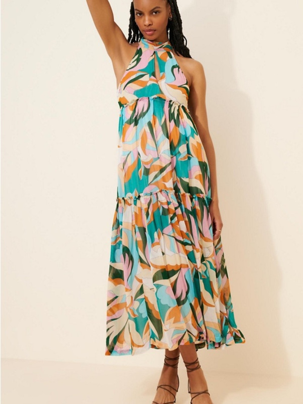 NWOT Anthropologie Maeve Sleeveless Halter Maxi Dress in Teal Multi